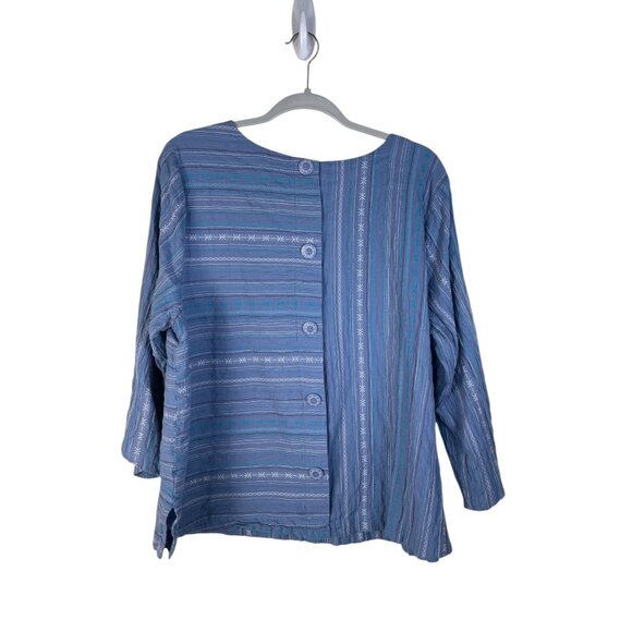 Habitat Clothes To Live In Blue Striped Patchwork 3/4 Sleeve Button Cuff Top - Picture 8 of 8